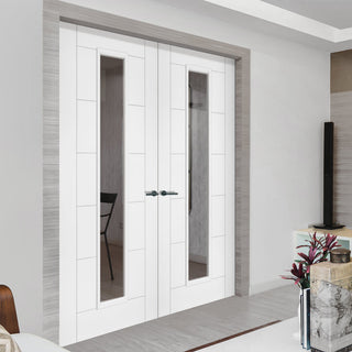 Image: Seville White Primed Internal Door Pair - Clear Glass