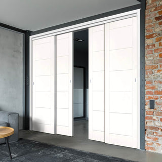 Image: Pass-Easi Four Sliding Doors and Frame Kit - Seville White Primed Flush Door