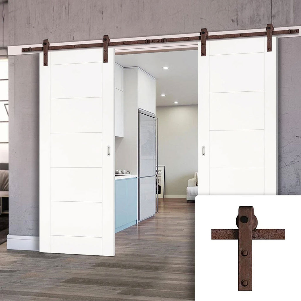 Double Sliding Door & Straight Antique Rust Track - Seville White Primed Flush Door