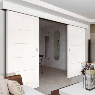 Image: Double Sliding Door & Wall Track - Seville White Primed Flush Door