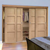 Four Sliding Wardrobe Doors & Frame Kit - Shaker Oak 4 Panel Solid Door - Unfinished
