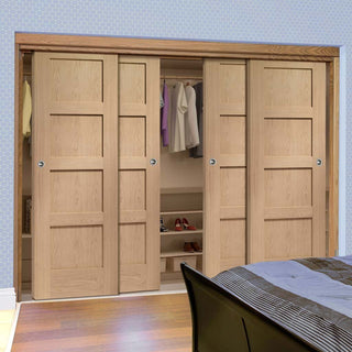 Image: Minimalist Wardrobe Door & Frame Kit - Four Shaker Oak 4 Panel Solid Doors - Unfinished