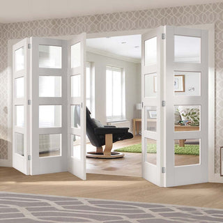 Image: Five Folding Doors & Frame Kit - Shaker 4 Pane 3+2 - Clear Glass - White Primed