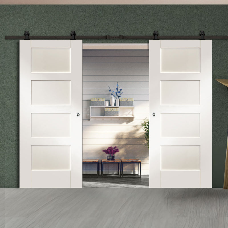 Top Mounted Black Sliding Track & Double Door - Shaker 4P Doors - White Primed