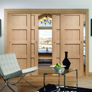 Image: Four Sliding Doors and Frame Kit - Shaker Oak 4 Panel Door - Unfinished
