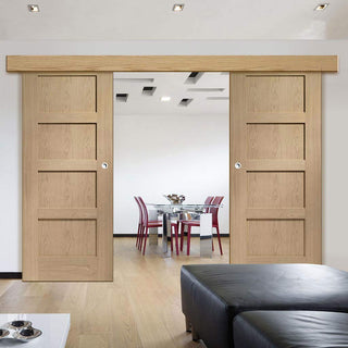 Image: Double Sliding Door & Wall Track - Shaker Oak 4 Panel Door
