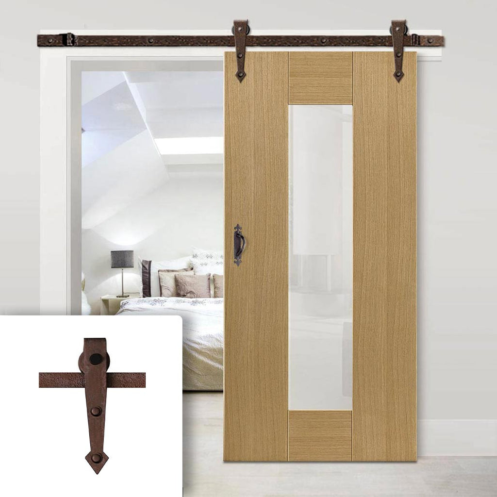 Single Sliding Door & Arrowhead Antique Rust Track - Axis Shaker Oak Door - Clear Glass - Prefinished