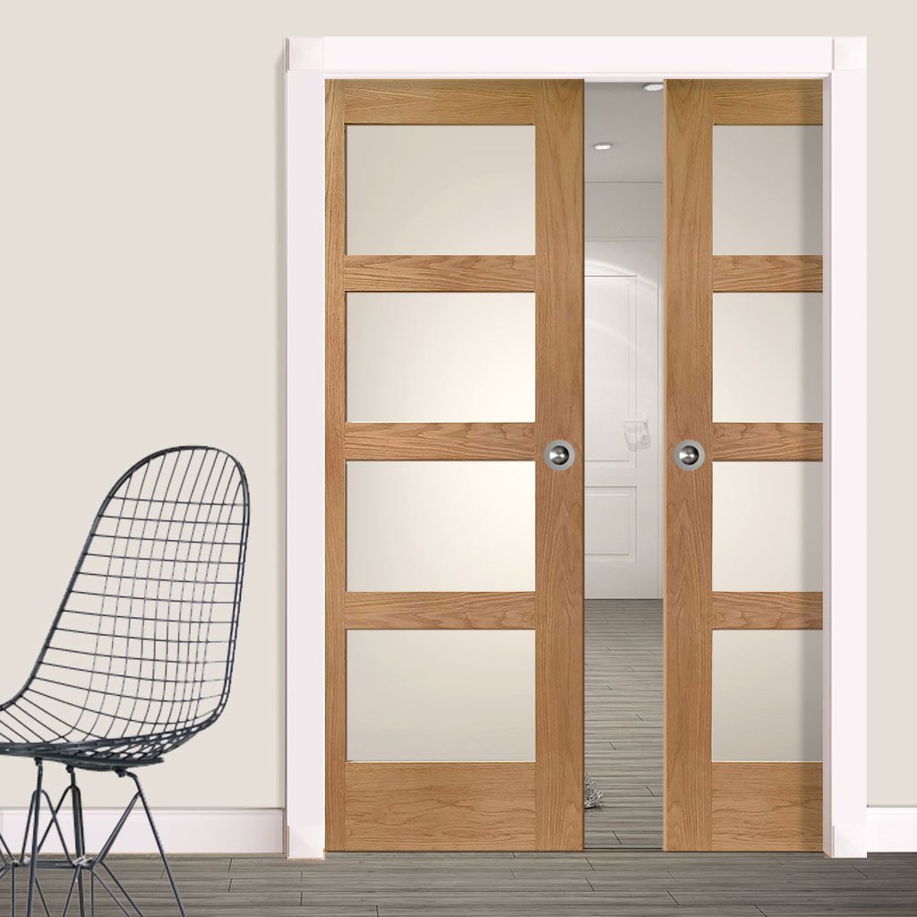Shaker Oak 4 Pane Double Evokit Pocket Doors - Frosted Glass