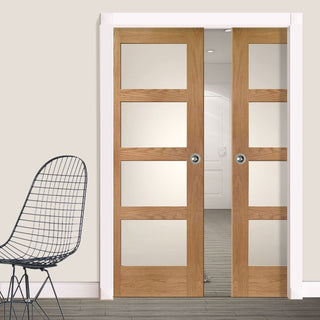 Image: Shaker Oak 4 Pane Double Evokit Pocket Doors - Frosted Glass