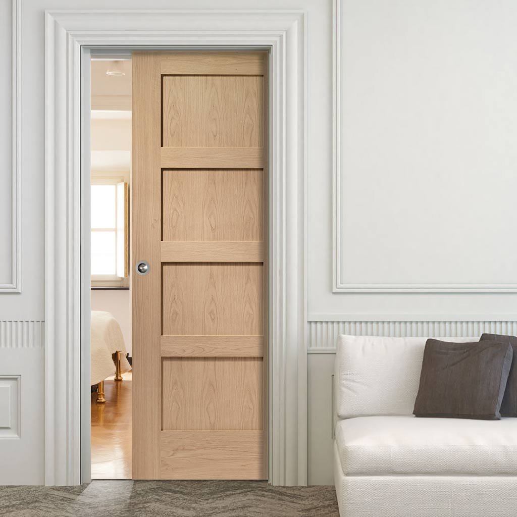 Shaker Oak 4 Panel Single Evokit Pocket Door - Prefinished