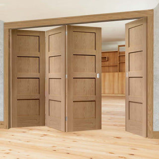 Image: Four Folding Doors & Frame Kit - Shaker Oak 4 Panel Solid 3+1 - Unfinished