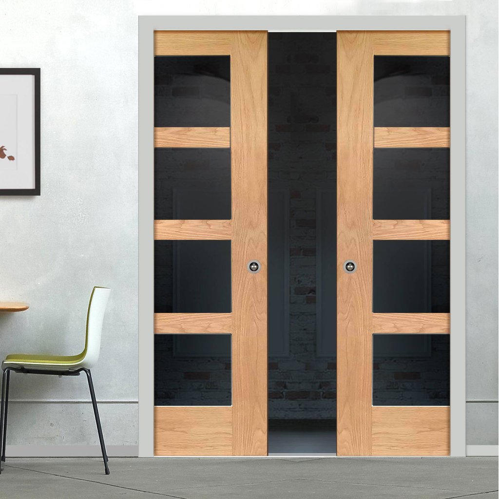 Shaker Oak 4 Pane Double Evokit Pocket Doors - Clear Glass