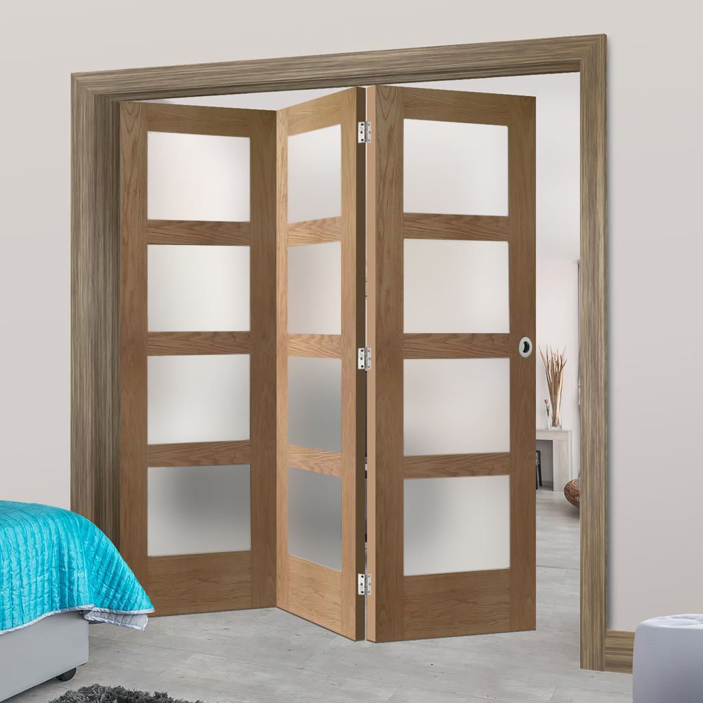 Three Folding Doors & Frame Kit - Shaker Oak 4 Pane 3+0 - Obscure Glass - Unfinished