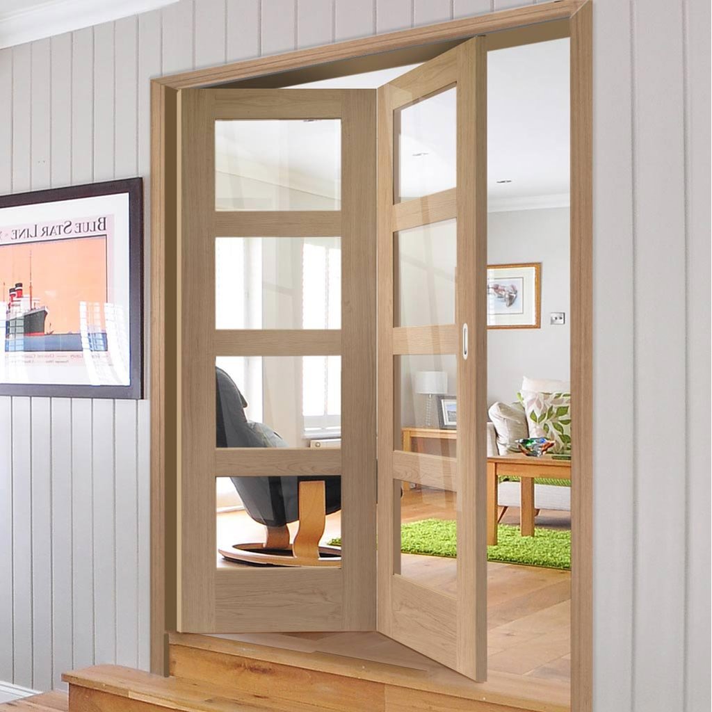Two Folding Doors & Frame Kit - Shaker Oak 4 Pane 2+0 - Clear Glass - Unfinished