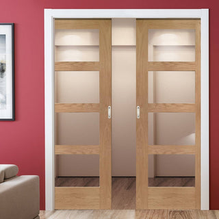 Image: Shaker Oak 4 Pane Double Evokit Pocket Doors - Clear Glass - Prefinished