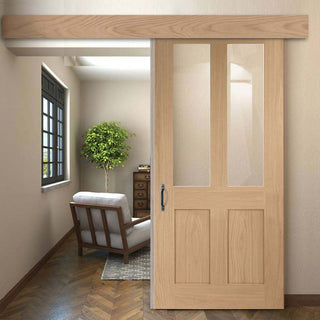Image: Single Sliding Door & Wall Track - Malton Oak Shaker 2 Pane & 2 Pane Door - Clear Glass