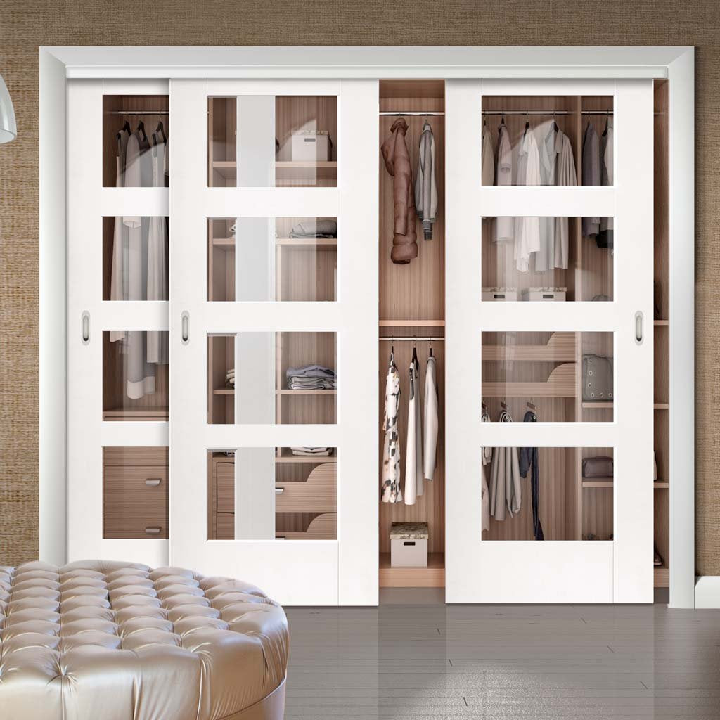 Bespoke Thruslide Shaker 4L Glazed 3 Door Wardrobe and Frame Kit - White Primed