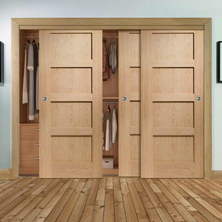 Image: Bespoke Thruslide Shaker Oak 4 Panel 3 Door Wardrobe and Frame Kit