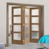 Three Folding Doors & Frame Kit - Shaker Oak 4 Pane 3+0 - Obscure Glass - Unfinished