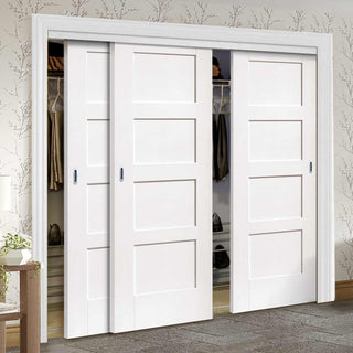 Image: Bespoke Thruslide Shaker 4 Panel 3 Door Wardrobe and Frame Kit - White Primed