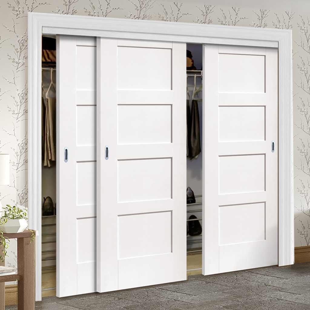 Three Sliding Wardrobe Doors & Frame Kit - Shaker Door - White Primed