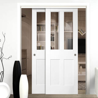 Image: Two Sliding Doors and Frame Kit - Malton Shaker Door - Clear Glass - White Primed