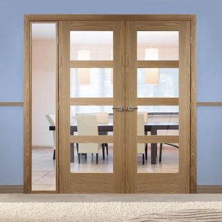Image: ThruEasi Oak Room Divider - Shaker Clear Glass Unfinished Door Pair with Full Glass Side