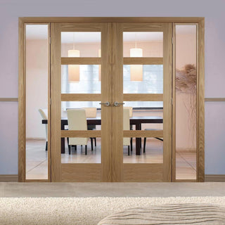 Image: ThruEasi Oak Room Divider - Shaker Clear Glass Unfinished Door Pair with Full Glass Sides