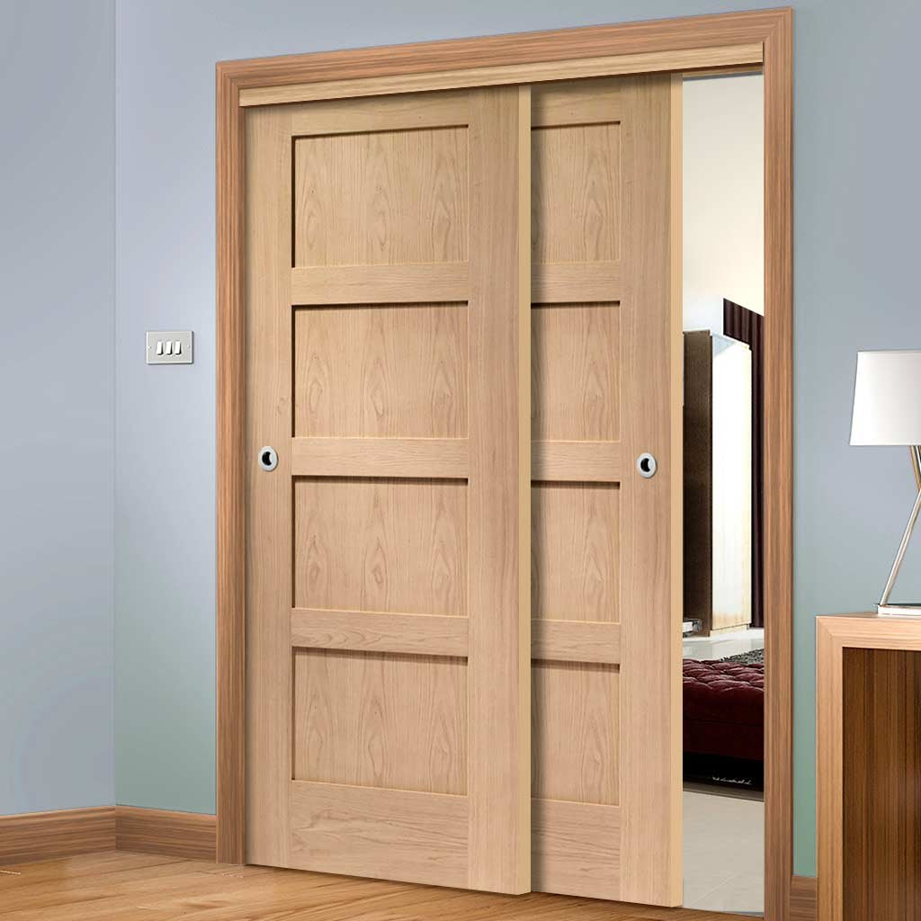 Bespoke Thruslide Shaker Oak 4 Panel - 2 Sliding Doors and Frame Kit - Prefinished