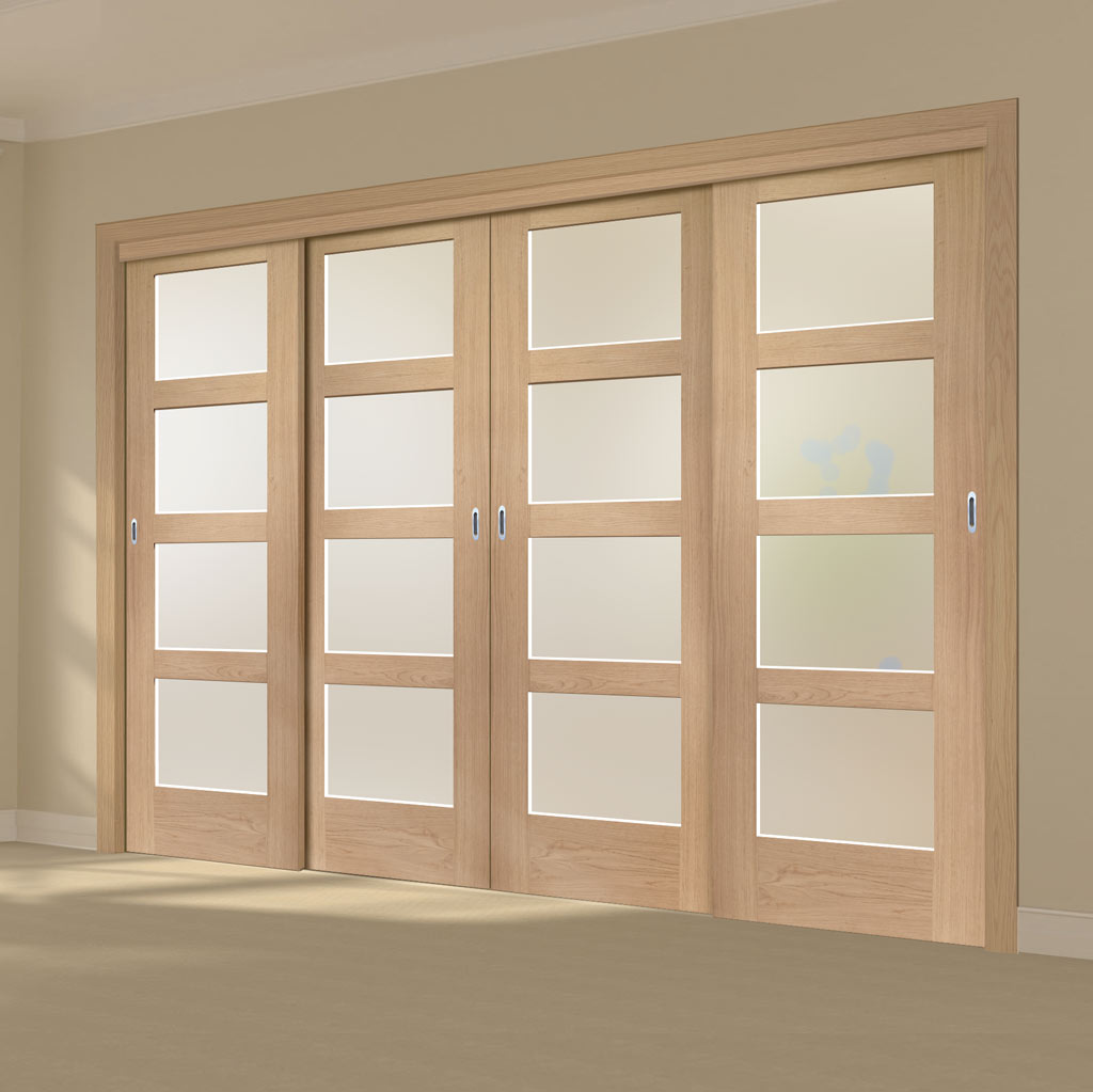 Pass-Easi Four Sliding Doors and Frame Kit - Shaker Oak 4 Pane Door - Obscure Glass - Prefinished
