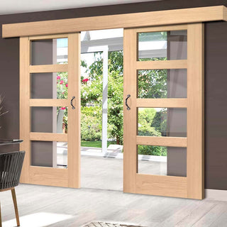 Image: Double Sliding Door & Wall Track - Shaker Oak 4 Pane Doors - Clear Glass - Unfinished