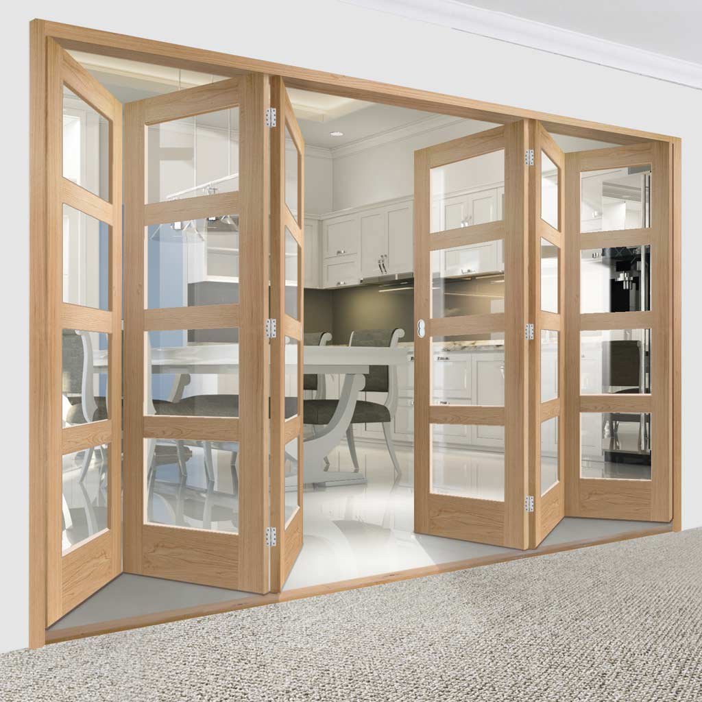 Six Folding Doors & Frame Kit - Shaker Oak 4 Pane 3+3 - Clear Glass - Unfinished