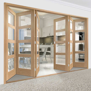 Image: Six Folding Doors & Frame Kit - Shaker Oak 4 Pane 3+3 - Clear Glass - Unfinished