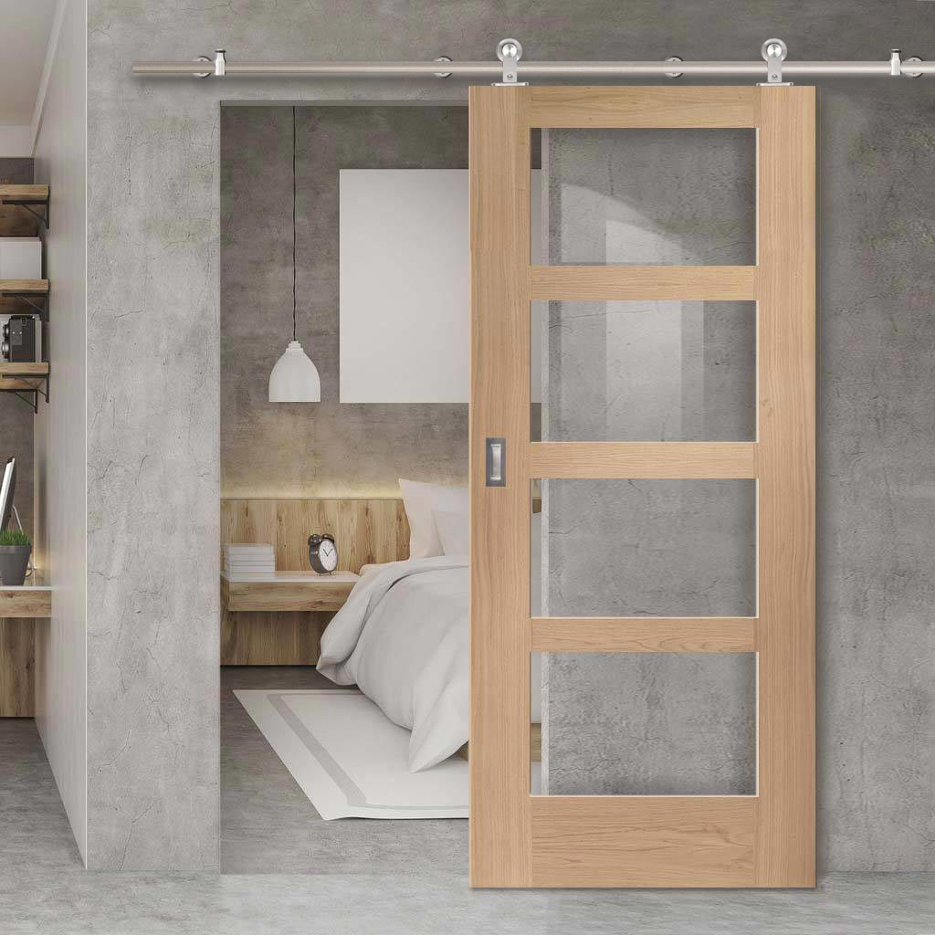 Sirius Tubular Stainless Steel Sliding Track & Shaker Oak 4 Pane Door - Clear Glass - Prefinished