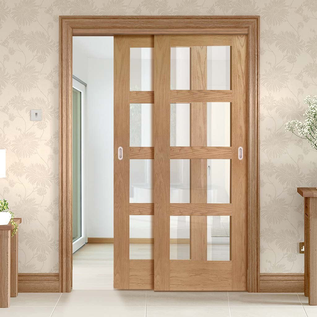 Two Sliding Doors and Frame Kit - Shaker Oak 4 Pane Door - Clear Glass - Prefinished