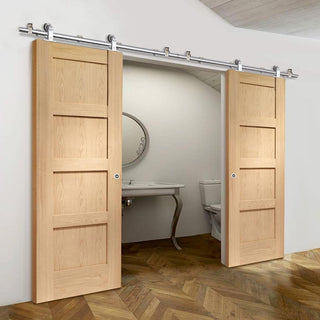 Image: Sirius Tubular Stainless Steel Sliding Track & Shaker Oak 4 Panel Double Door - Prefinished