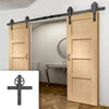Double Sliding Door & Wagon Wheel Black Track - Shaker Oak 4 Panel Doors - Prefinished