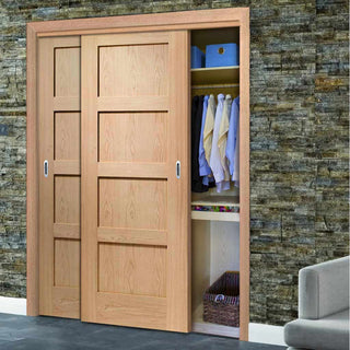 Image: Two Sliding Wardrobe Doors & Frame Kit - Shaker Oak 4 Panel Solid Door - Unfinished
