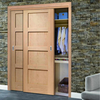 Image: Minimalist Wardrobe Door & Frame Kit - Two Shaker Oak 4 Panel Solid Doors - Unfinished
