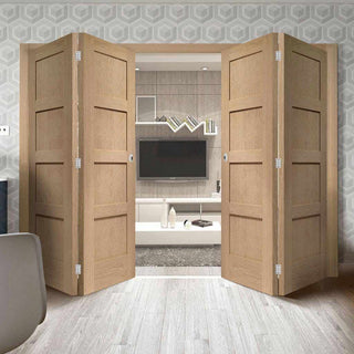 Image: Four Folding Doors & Frame Kit - Shaker Oak 4 Panel Solid 2+2 - Unfinished