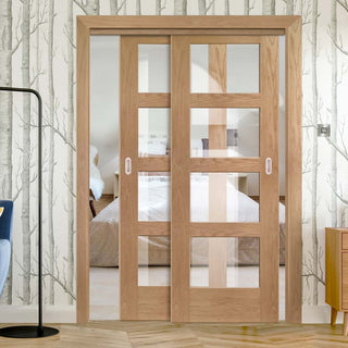 Image: Two Sliding Doors and Frame Kit - Shaker Oak 4 Pane Door - Clear Glass - Unfinished