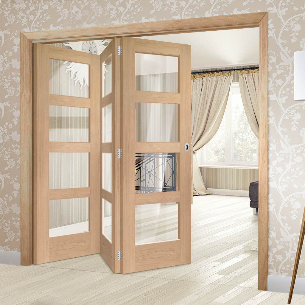 Three Folding Doors & Frame Kit - Shaker Oak 4 Pane 3+0 - Clear Glass - Prefinished
