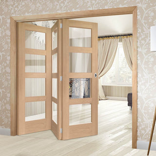 Image: Three Folding Doors & Frame Kit - Shaker Oak 4 Pane 3+0 - Clear Glass - Prefinished
