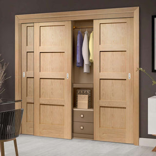 Image: Three Sliding Maximal Wardrobe Doors & Frame Kit - Shaker Oak 4 Panel Door - Prefinished