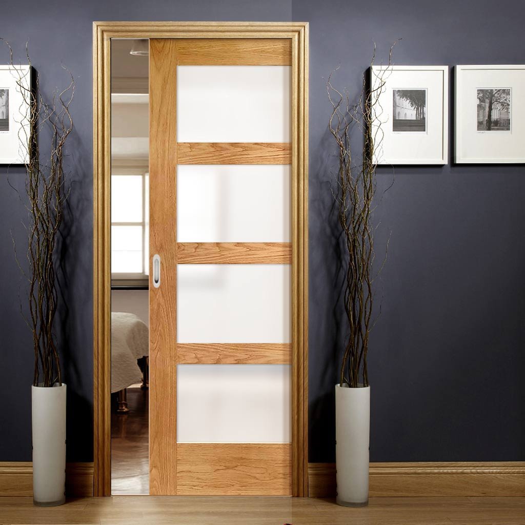 Shaker Oak 4 Pane Single Evokit Pocket Door - Frosted Glass