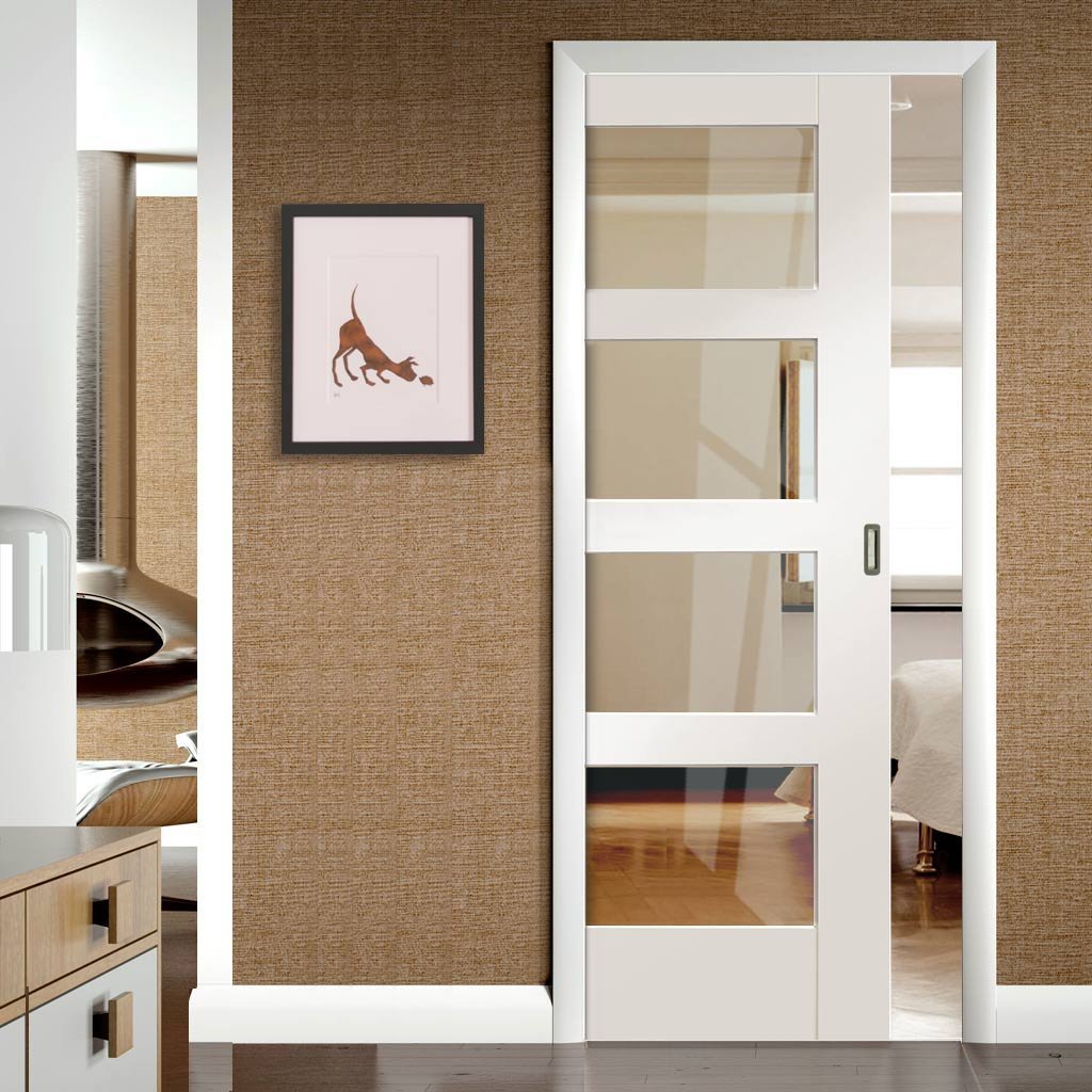 Shaker 4 Pane Single Evokit Pocket Door - Clear Glass - Primed