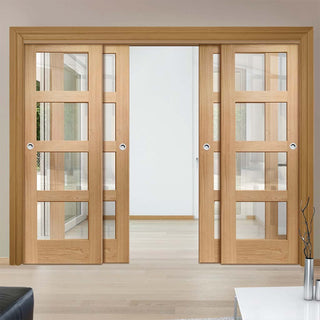 Image: Four Sliding Doors and Frame Kit - Shaker Oak 4 Pane Door - Clear Glass - Prefinished