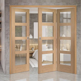 Image: Three Folding Doors & Frame Kit - Shaker Oak 4 Pane 2+1 - Clear Glass - Prefinished