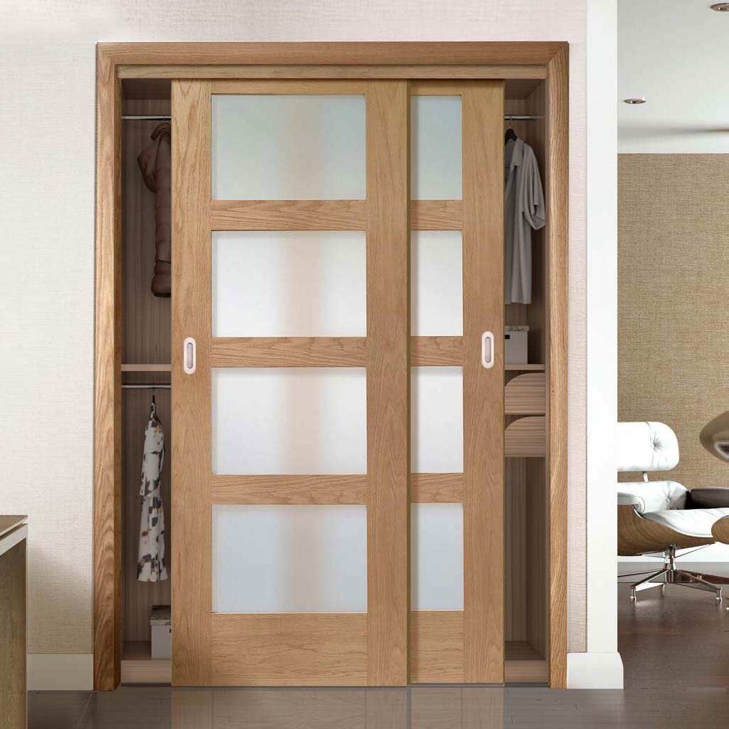 Minimalist Wardrobe Door & Frame Kit - Two Shaker Oak 4 Pane Door - Obscure Glass - Prefinished
