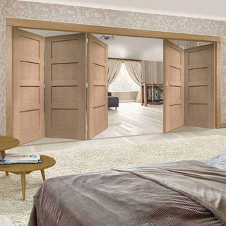 Image: Five Folding Doors & Frame Kit - Shaker Oak 4 Panel 3+2 - Prefinished